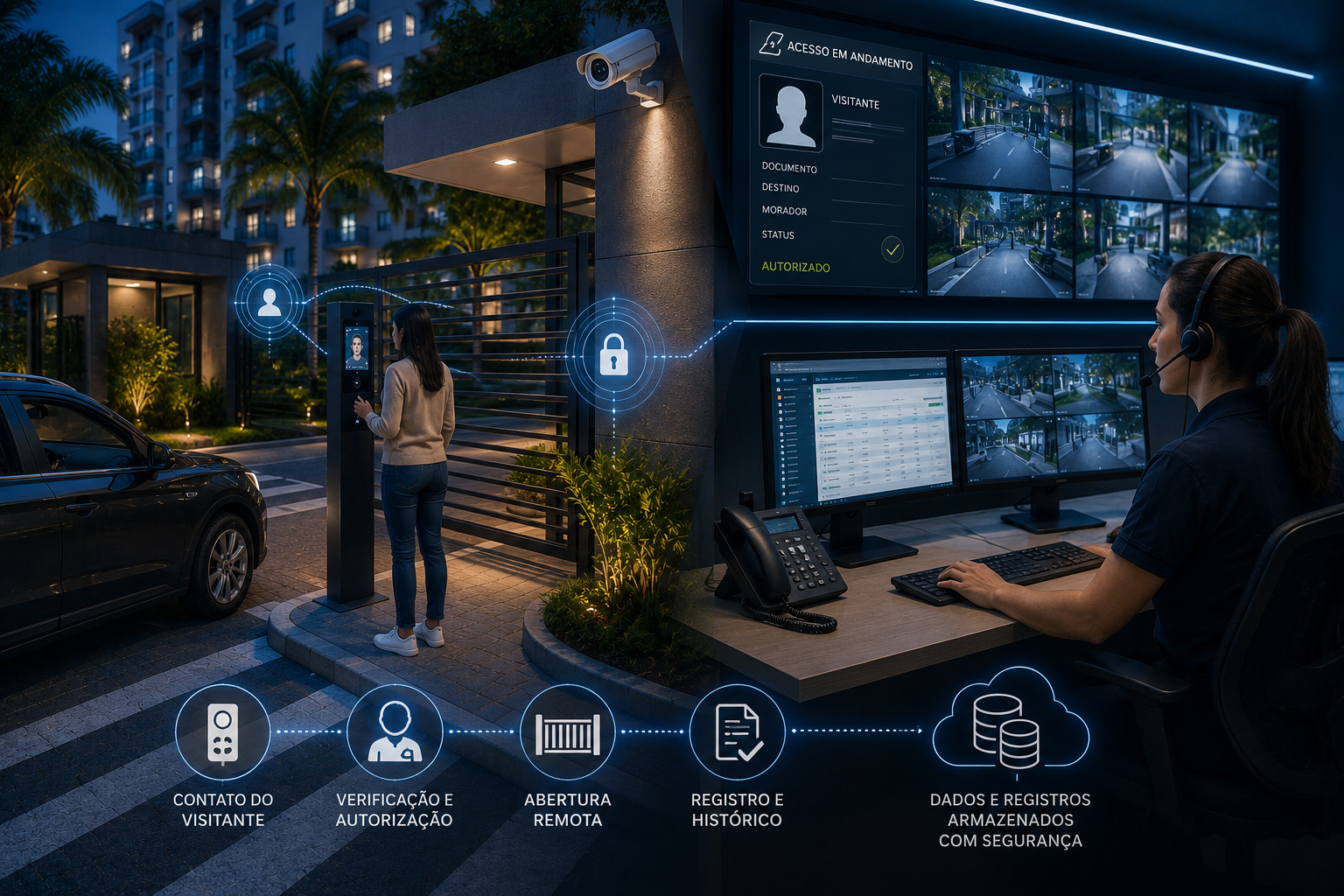 Central de monitoramento operando uma portaria virtual com controle de acesso inteligente