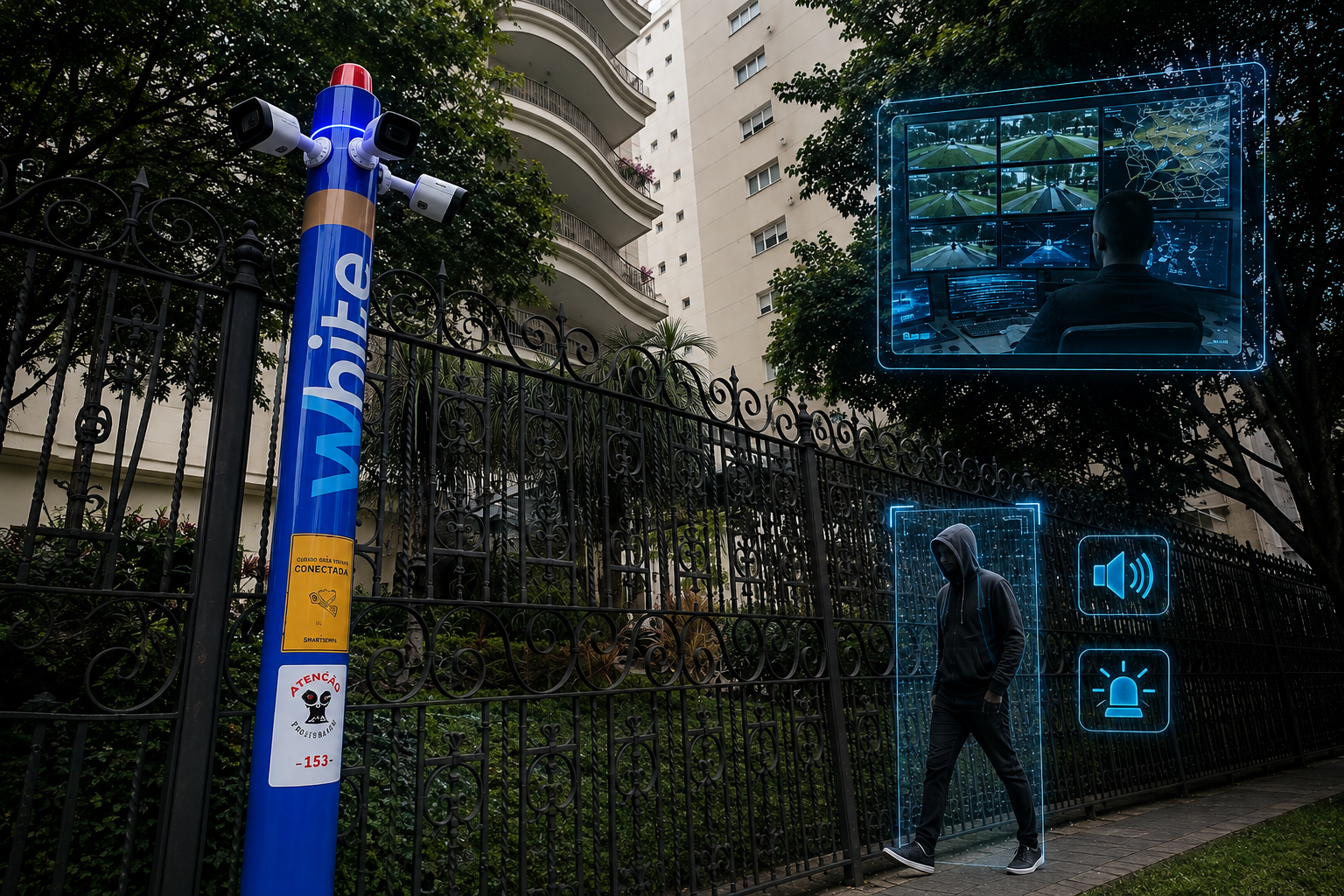 Torre de vigilância equipada com câmeras inteligentes para monitoramento 24 horas