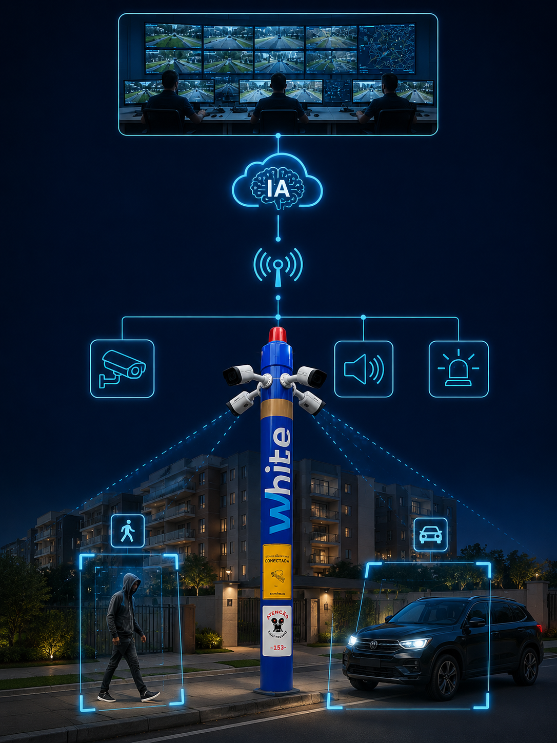 Torre de vigilância com câmeras inteligentes monitorando condomínio durante o dia