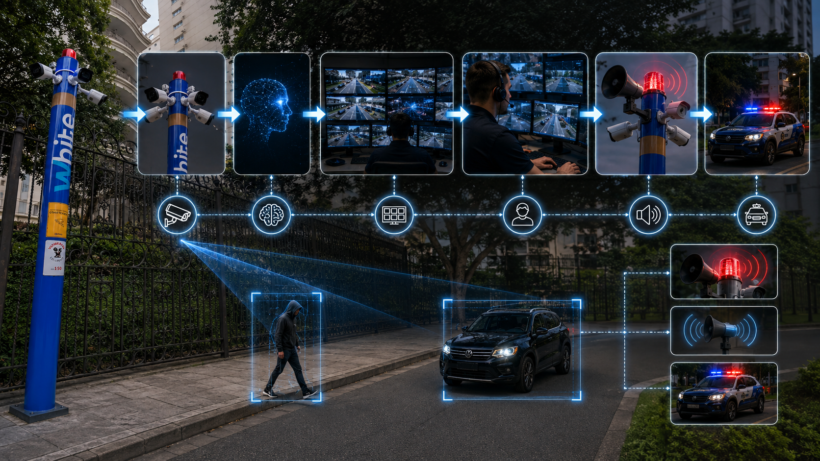 Fluxo de funcionamento de uma torre de vigilância com inteligência artificial e monitoramento remoto