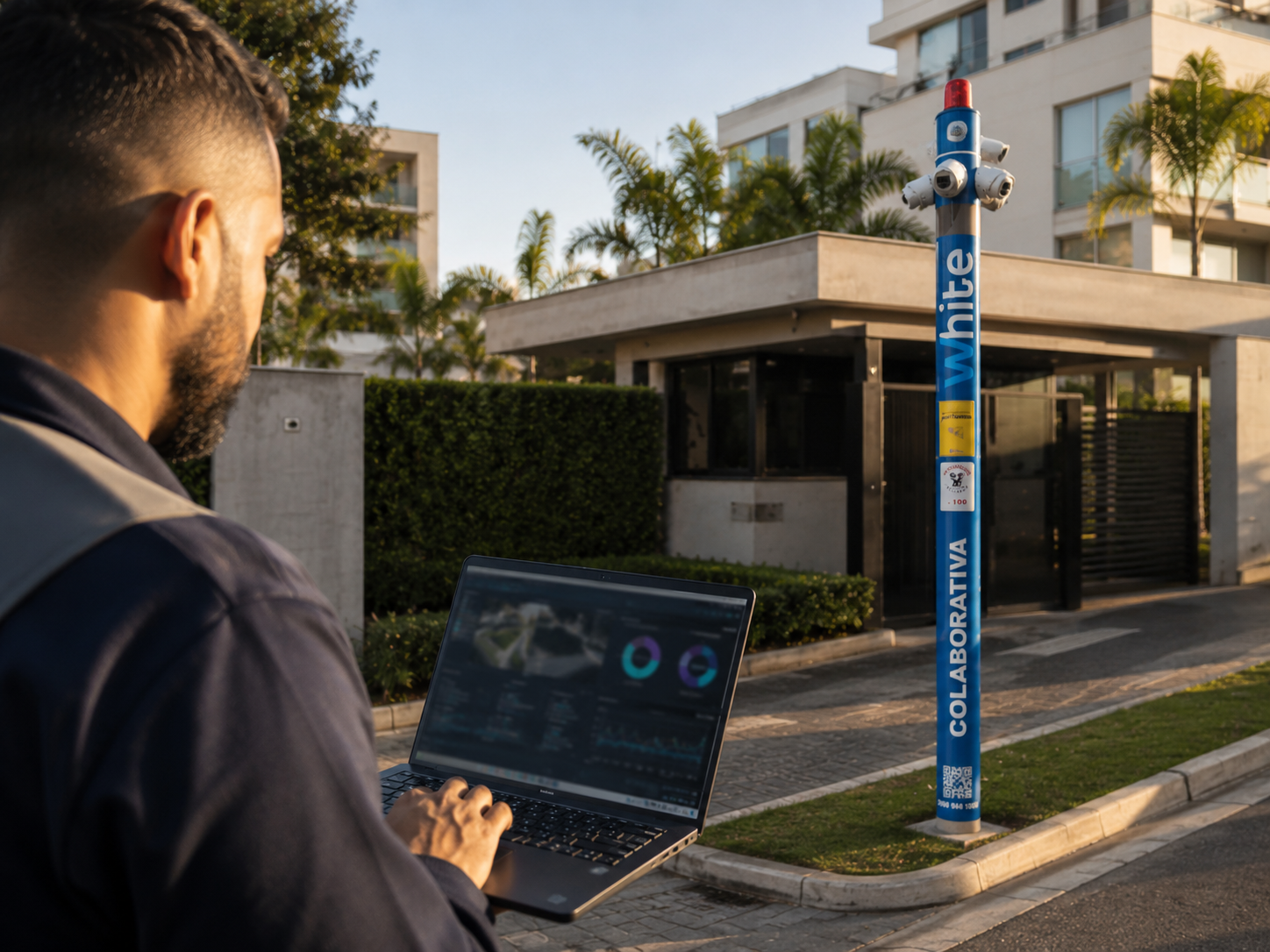 Técnico realizando a instalação e configuração de uma Torre de Vigilância